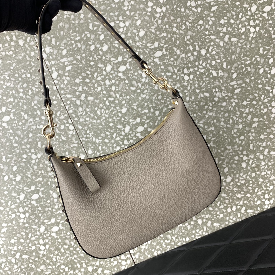 Valentino Garavani Rockstud Small Hobo Bag in Grey Grainy Calfskin